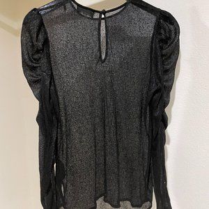 The Kooples Puffed Long Sleeve Metallic Black Sheer Top